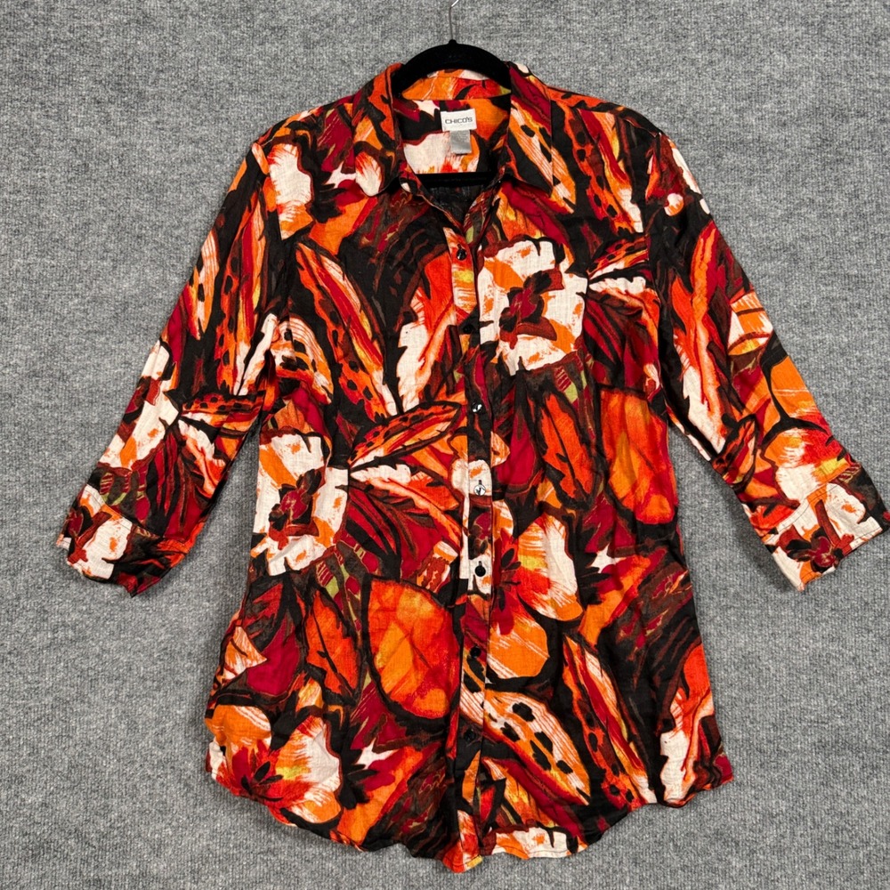 Chico's Womens Size 3 US XL Button Shirt Black Red Floral Linen Elbow Sleeves